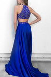 Royal Blue Rhinestone Beaded Satin Halter Formal Shine Prom Dresses, M205