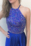 Royal Blue Rhinestone Beaded Satin Halter Formal Shine Prom Dresses, M205