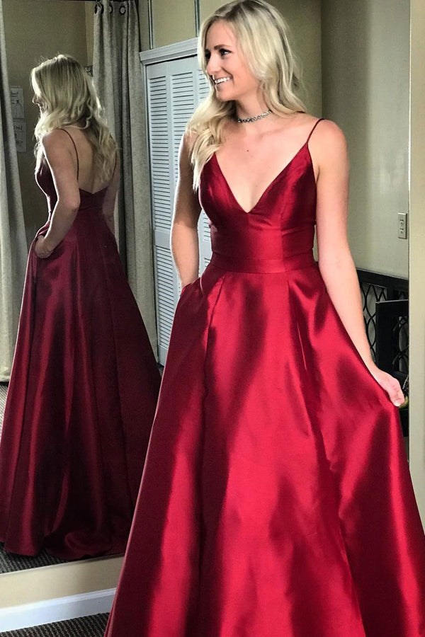 Burgundy Satin Cheap V-neck Formal Spaghetti Strap Long Prom Dresses, M206