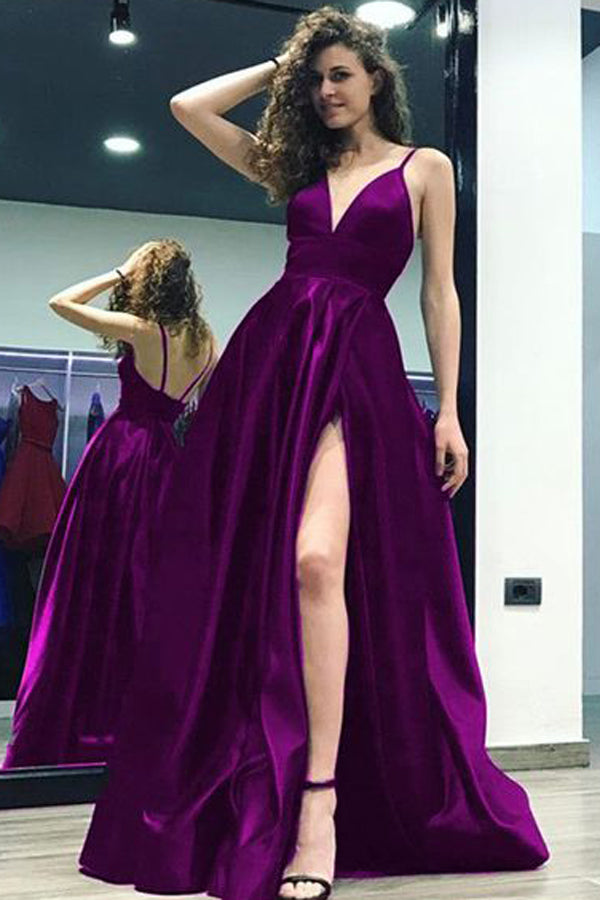 Grape Satin A-line  V-neck Split Backless Long Prom Dress With Straps, M208