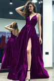 Grape Satin A-line V-neck Split Backless Long Prom Dress With Straps, M208