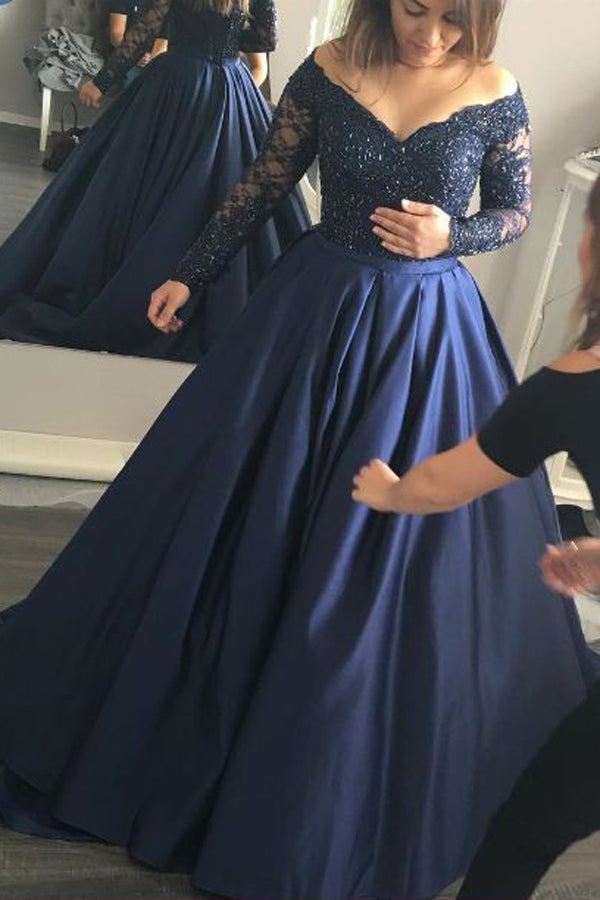 Long Sleeve Dark Navy Charming Prom Dresses,Evening Dress, Formal Dress, M210