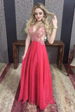 V-neck Red Beaded Open Back A-line Prom Dresses, Formal Dresses, M213