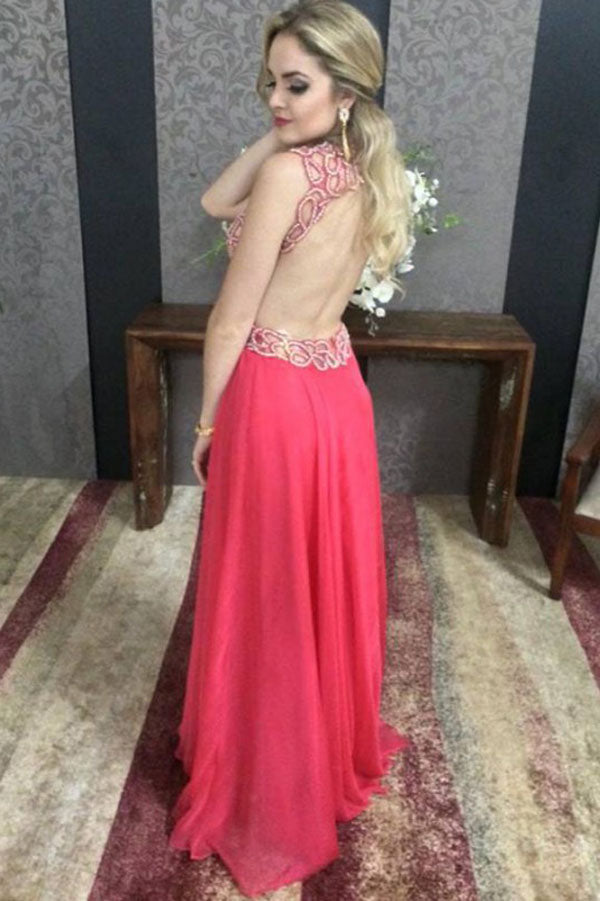 V-neck Red Beaded Open Back A-line Prom Dresses, Formal Dresses at simidress.com