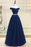 Tulle Navy Blue Off the Shoulder Long Prom Dress, Evening Dress, M214