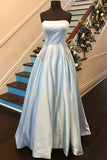 Sky Blue Satin A-line Strapless Long Prom Dresses with Rhinestone Beading, M217