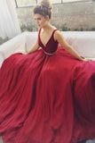 Burgundy A-line V-neck Beaded Long Prom Dresses, Formal Dresses, M221