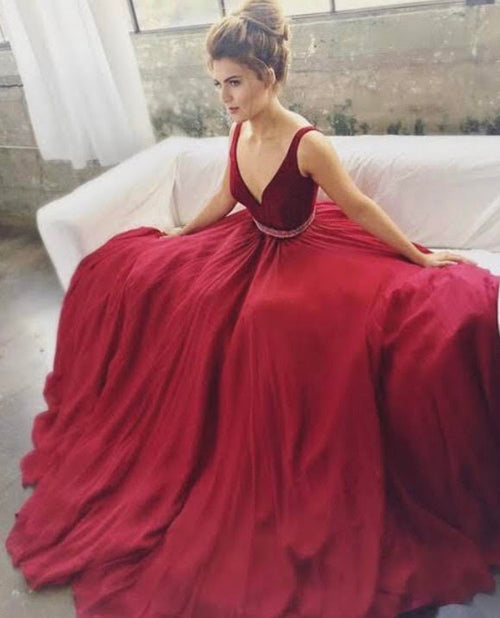 Burgundy A-line V-neck Beaded Long Prom Dresses, Formal Dresses at simidress.com