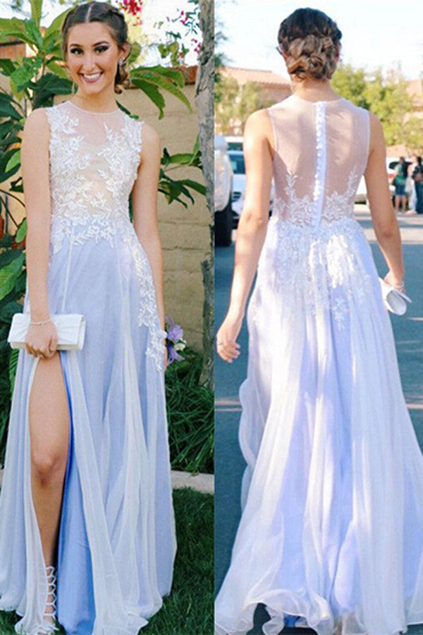 Light Blue Split Long Prom Dresses with Appliques, Evening Dresses, Party Dresses, M231