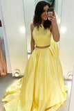 Cheap Yellow Satin Two Piece Formal Halter Simple Long Prom Dresses, M233