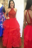 Stunning Open Back Red Halter Top Sequin Sleeveless Asymmetrical Long Prom Dress, M234