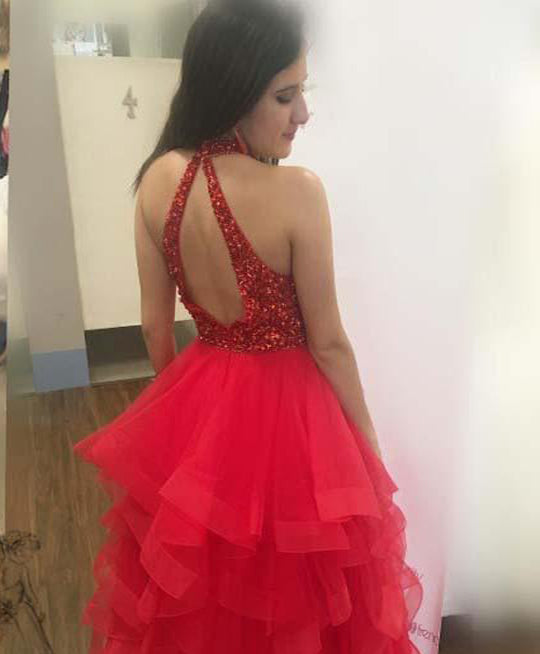 Stunning Open Back Red Halter Top Sequin Sleeveless Asymmetrical Long Prom Dress at simidress.com