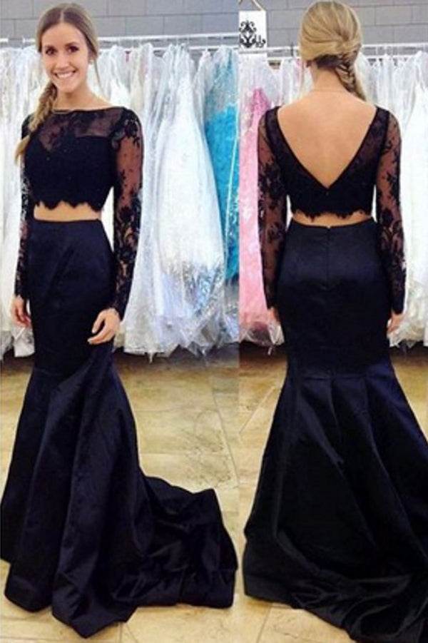 Long Sleeves Navy Blue Prom Dresses With Appliques, Sequin Mermaid Formal Dresses, M236
