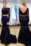 Long Sleeves Navy Blue Prom Dresses With Appliques, Sequin Mermaid Formal Dresses, M236