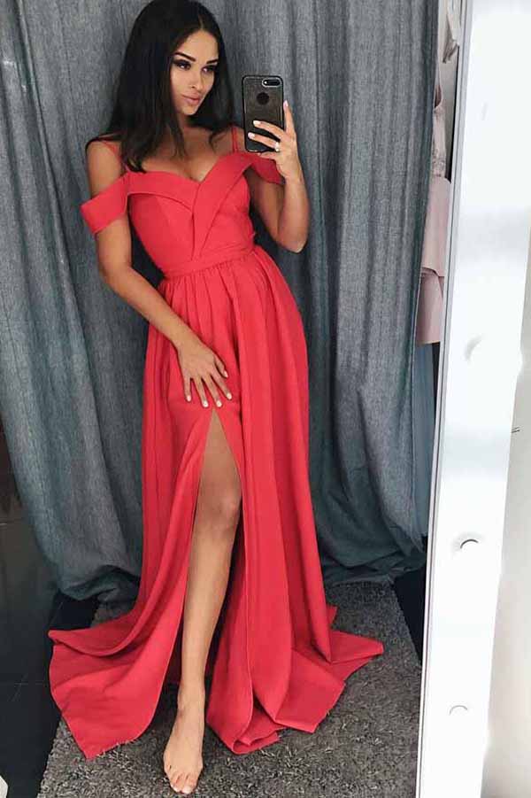 Red Satin A-Line Cold Shoulder Prom Dress with Split, Evening Dress, M237