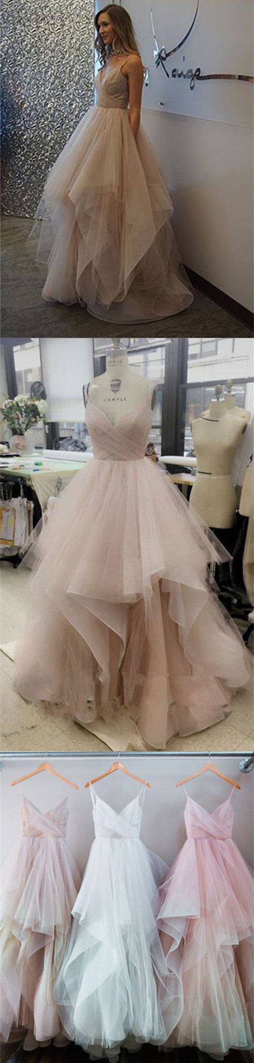 Chic Tulle Floor Length Spaghetti Long Prom Dresses Evening Dresses at simidress.com