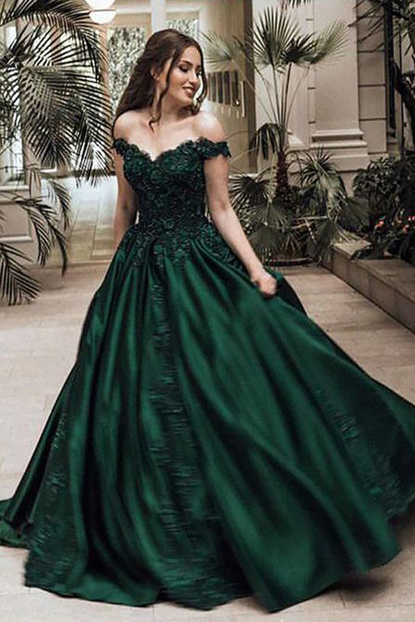 Ball Gown Off Shoulder Sleeveless Floor-Length Lace Satin Long Prom Dresses, M241