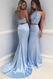 Satin Two Piece Sheath Halter Sleeveless Sweep Train Prom Dress With Beading, M242