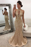 Mermaid Sleeveless Halter Sequin Sweep Train Satin Prom Dresses, M243