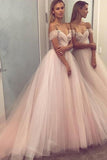 A-Line Princess Sleeveless Off Shoulder Tulle Beaded Long Prom Dresses, M244