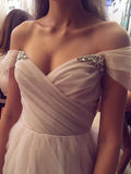 A-Line Princess Sleeveless Off Shoulder Tulle Beaded Long Prom Dresses from simidress.com