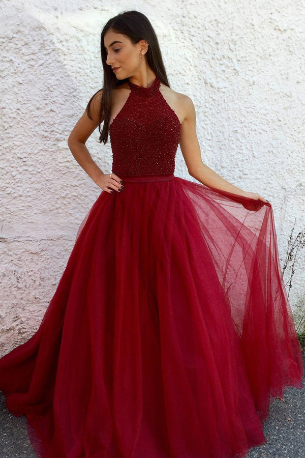 Tulle Skirt A-line Beaded Halter High Neck Beaded Long Prom Dresses, M245