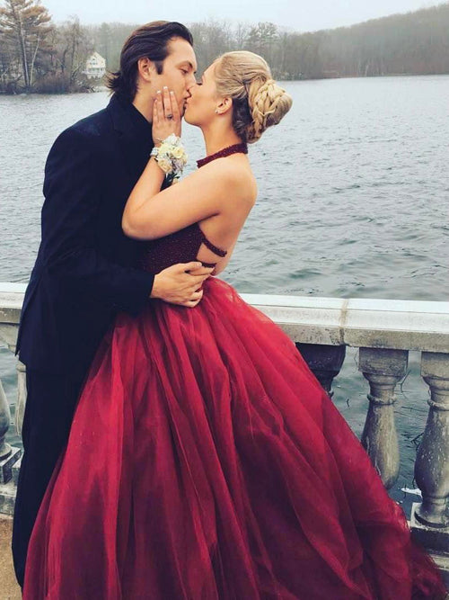 Tulle Skirt A-line Beaded Halter High Neck Beaded Long Prom Dresses from simidress.com