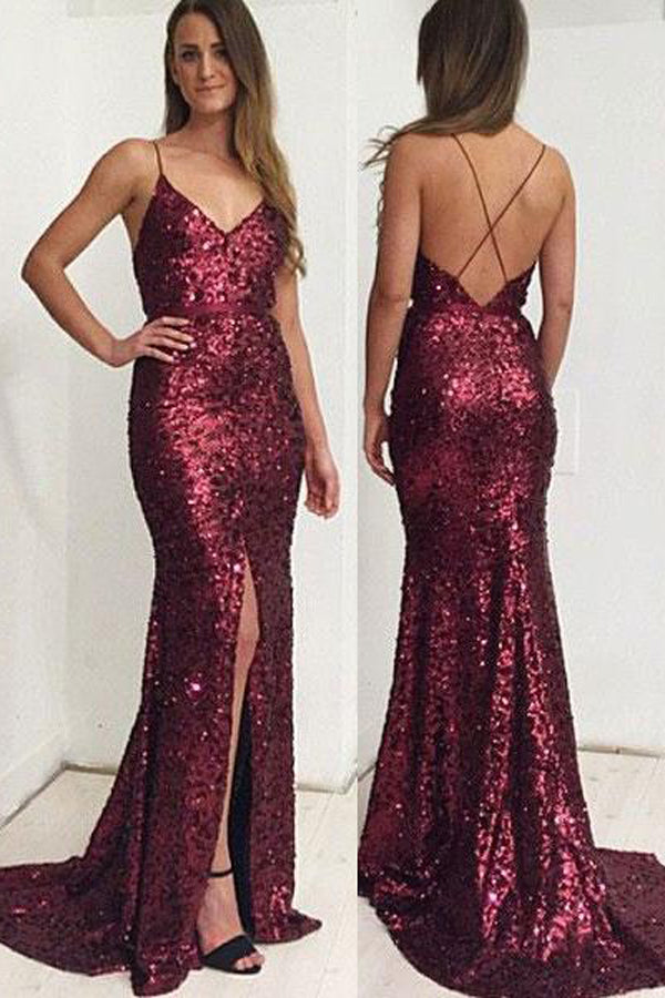 Gorgeous Sequin Lace Spaghetti Straps Neckline Long Prom Dress with Sweep Train, M246