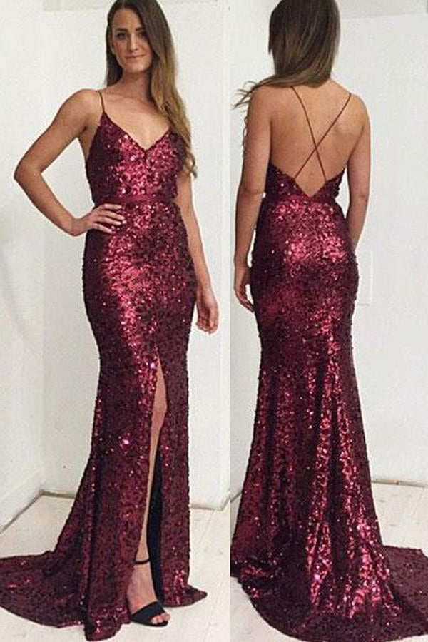 Gorgeous Sequin Lace Spaghetti Straps Neckline Long Prom Dress with Sweep Train, M246