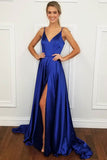 Simple Cheap Blue Satin Spaghetti Straps Neckline A-line Long Prom Dress, M247
