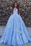 Tulle Ball Gown Sleeveless Off Shoulder Applique Sweep Train Prom Dress, M248