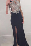 Sheath Sleeveless Halter Beaded Floor-Length Side Slit Jersey Prom Dresses, M249