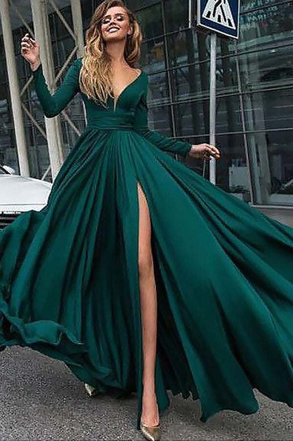 Dark Green A-Line V-Neck Long Sleeves Sweep Train Long Prom Dress Simidress Dark Green A-Line V-Neck Long Sleeves Sweep Train Long Prom Dress Simidress
