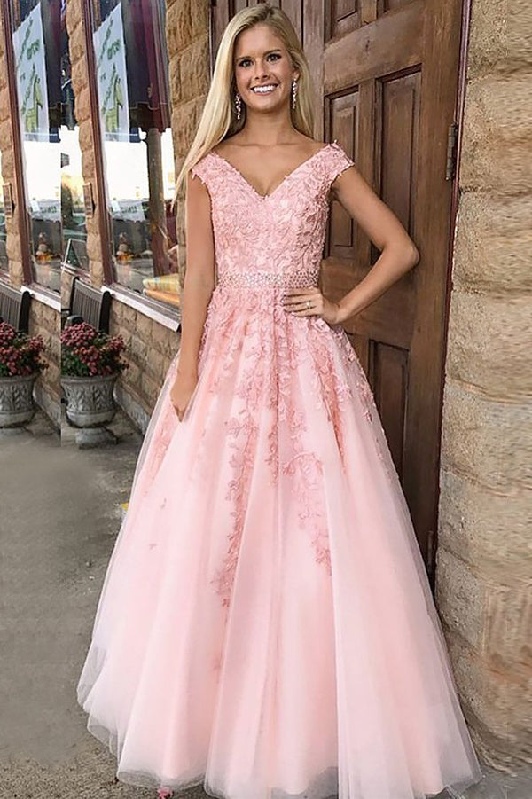 Tulle A-Line Princess V-Neck Sleeveless Floor-Length Prom Dress with Appliques, M251
