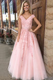 Tulle A-Line Princess V-Neck Sleeveless Floor-Length Prom Dress with Appliques, M251