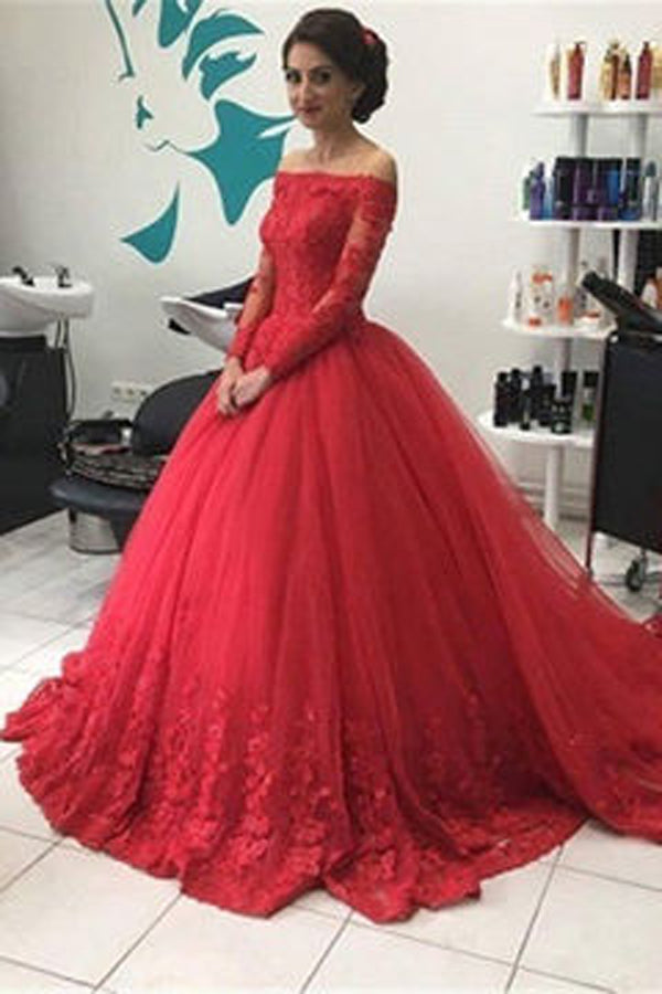Red Ball Gown Off Shoulder Lace Tulle Long Sleeves Sweep Train Prom Dress, M252