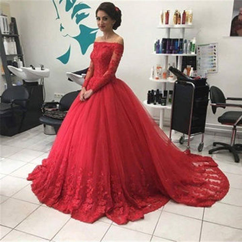 Red Ball Gown Off Shoulder Lace Tulle Long Sleeves Sweep Train Prom Dress from simidress.com