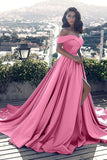Pink Satin Court Train A-Line Sleeveless Off-the-Shoulder Ruffles Prom Dress, M253