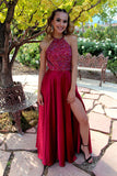 Gorgeous Red Beaded Halter A-line Long Prom Dress with Side Slit, M255