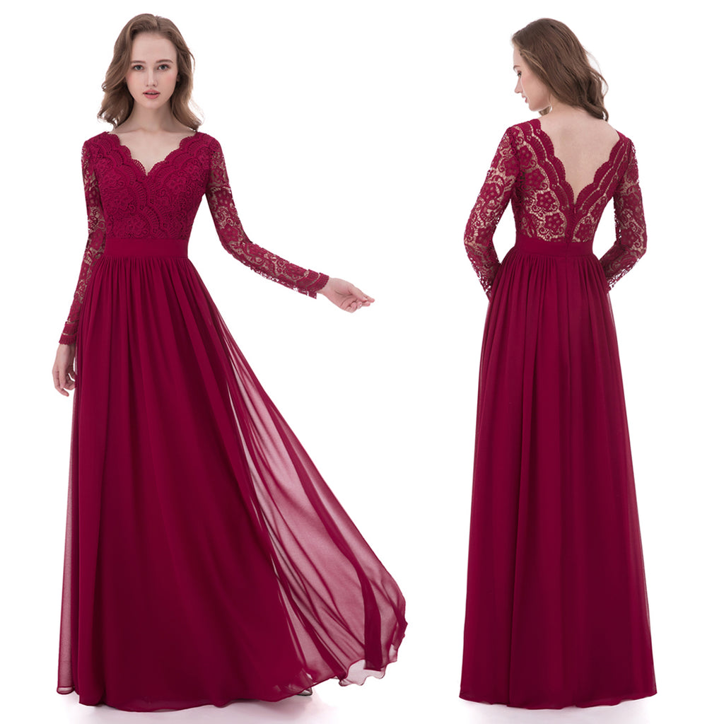 Burgundy Open Back A-line Lace V-neck Chiffon Long Bridesmaid Dresses from simidress.com