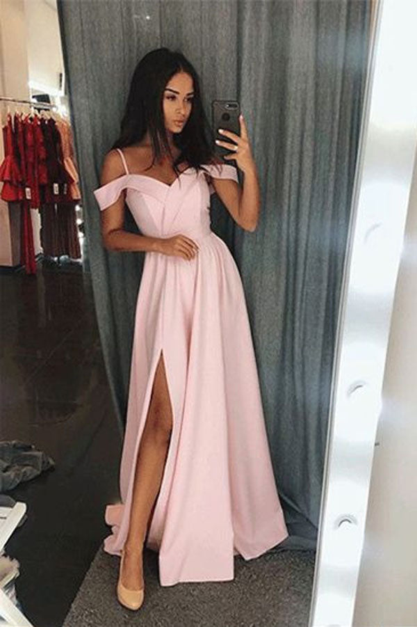 Simple Pink A line Floor Length Cold Shoulders Long Prom Dress with Slit, M256