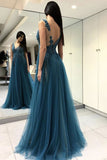 Blue See Through Thigh Slit Backless Lace Long Prom Dress with Beading, M257