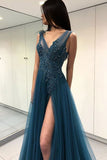 Blue See Through Thigh Slit Backless Lace Long Prom Dress with Beading, M257