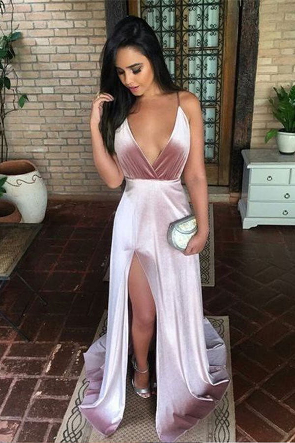 Charming New Simple Prom Dresses, Modern Spaghetti Straps Slit Prom Dress, M258