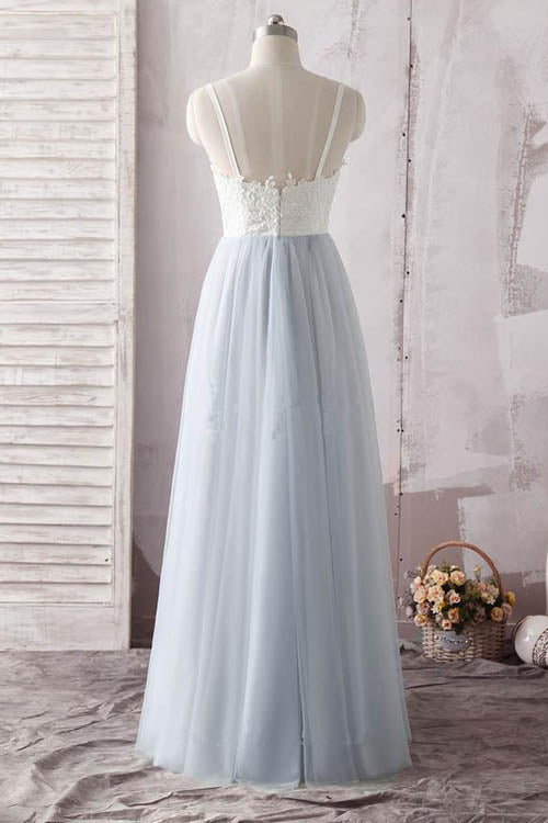 Simple  Ivory Lace Blue Spaghetti Straps Sweetheart Tulle Long Prom Dress from simidress.com
