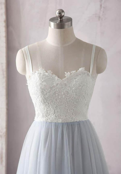 Simple  Ivory Lace Blue Spaghetti Straps Sweetheart Tulle Long Prom Dress|Simidress