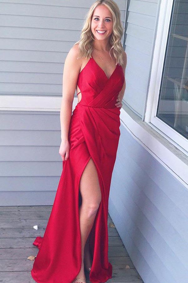 Simple Red Satin Sheath Spaghetti Straps Long Prom Dress with Side Split, M260
