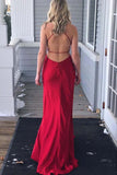 Simple Red Satin Sheath Spaghetti Straps Long Prom Dress with Side Split from simidress.com