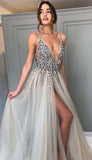 Simidress.com offer Gray Modest Beaded A-Line V-Neck Sweep Train Prom Dress, Evening Dress, M262