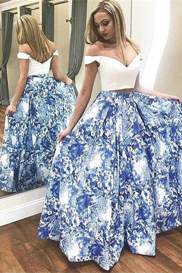Blue Floral Satin Two Piece Off-the-Shoulder Long Prom Dress